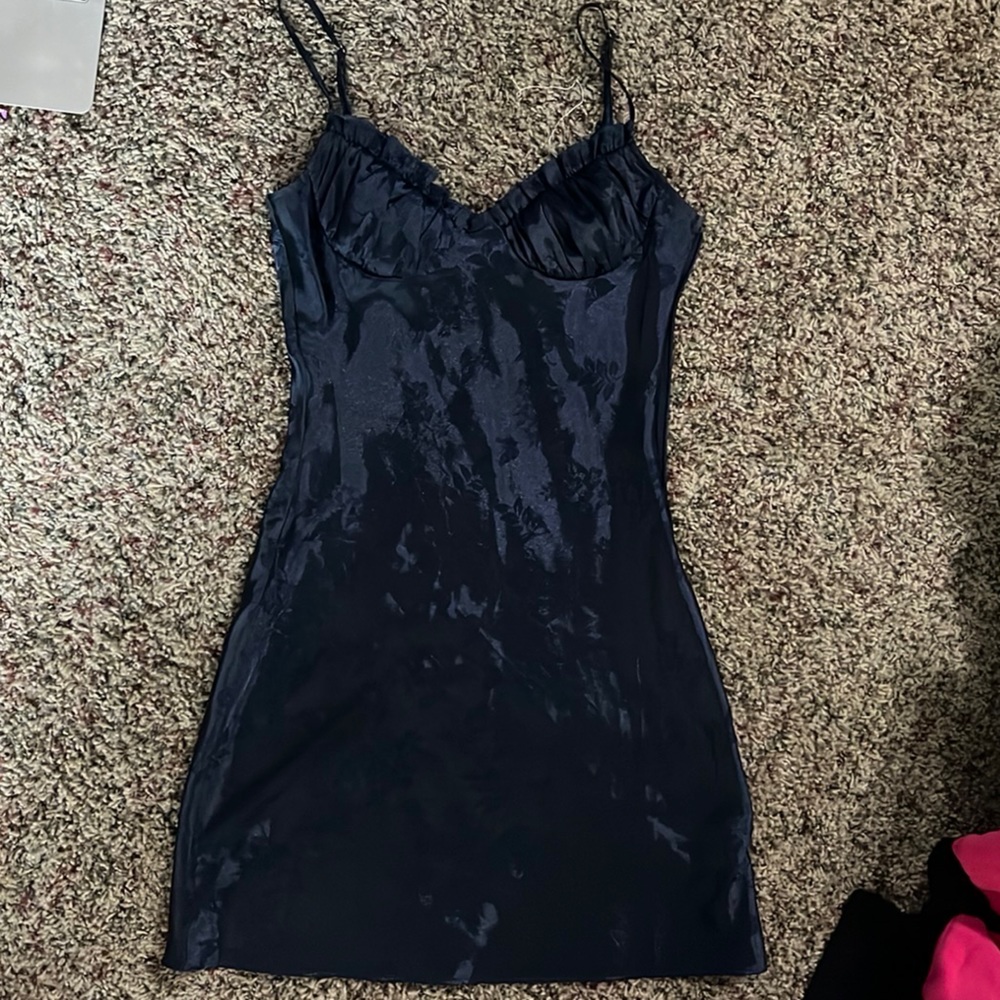 Satin Detailed Navy Mini Dress